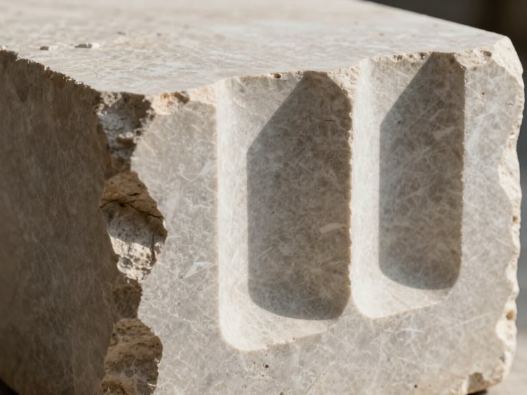 A close-up of a hand-carved limestone block showing raw, fractured edges contrasted with perfectly smooth, geometric cuts, cast in sharp architectural shadows.