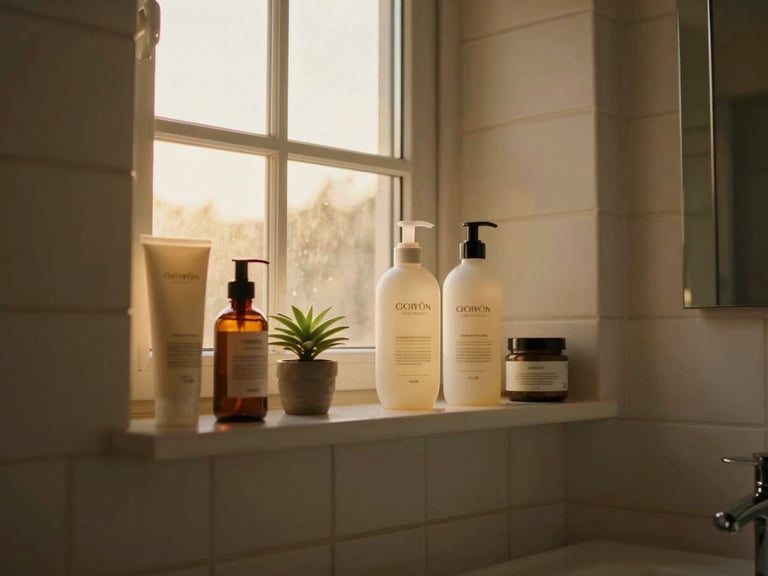 Wide environmental shot, golden afternoon light through a window, a tidy bathroom shelf with a few carefully arranged personal-care products — hand lotion, a small plant, a glass jar — shot from a slightly low angle, warm tones, intimate domestic scale