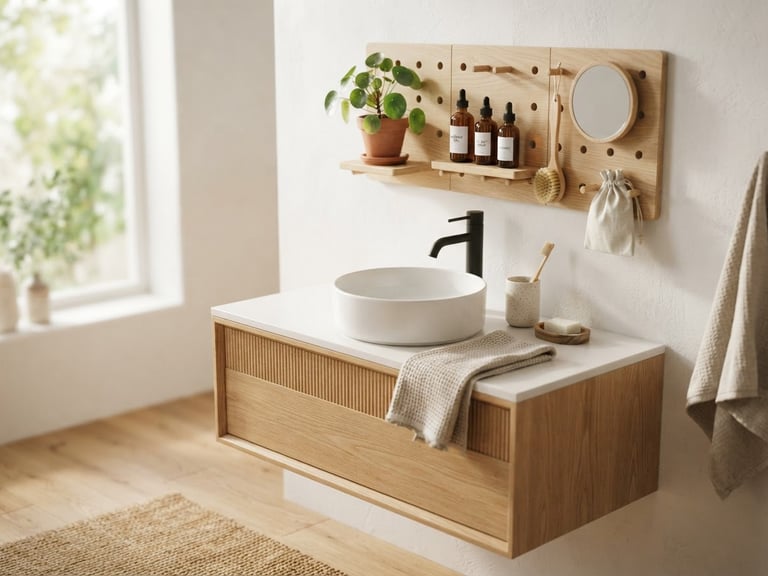 Bright Japandi bathroom vanity, soft morning light, a modular wooden pegboard on the wall with aesthetic glass bottles and a small green plant, 50mm lens, shallow depth of field.
