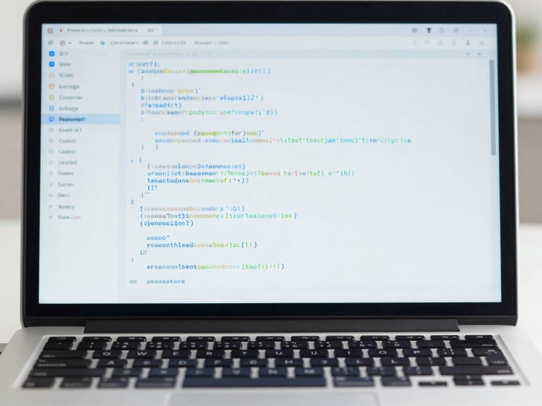 Clean tech photography of a laptop displaying structured code, bright natural daylight, blue and white tones, 50mm lens.