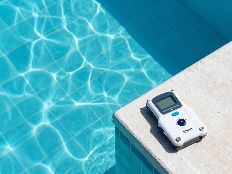 Overhead shot of a clear turquoise pool with sharp geometric tile lines, bright midday sun, professional pool testing kit on the edge