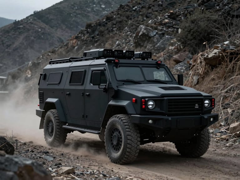 Low-profile matte black armored transport vehicle driving through a dusty, remote mountain pass, dramatic low-key lighting, cool desaturated tones, sharp details, 35mm lens.