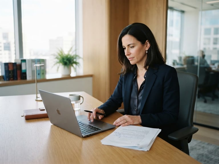Bright editorial photography of a professional lawyer's office, clean natural light, a lawyer reviewing documents on a fast laptop with a clean desk, soft blue and green accents, shallow depth of field, 35mm