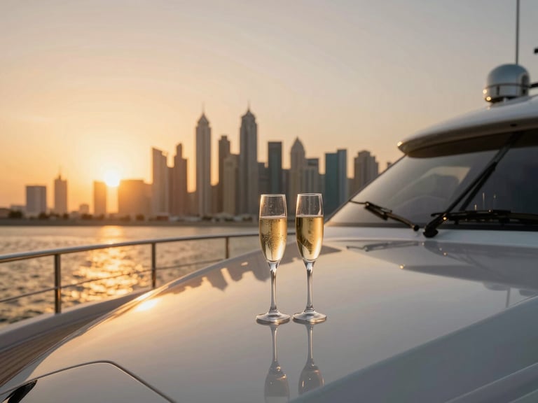Editorial photography of a sleek luxury yacht deck, champagne glasses in sharp focus, Dubai skyline blurred in the warm sunset background.