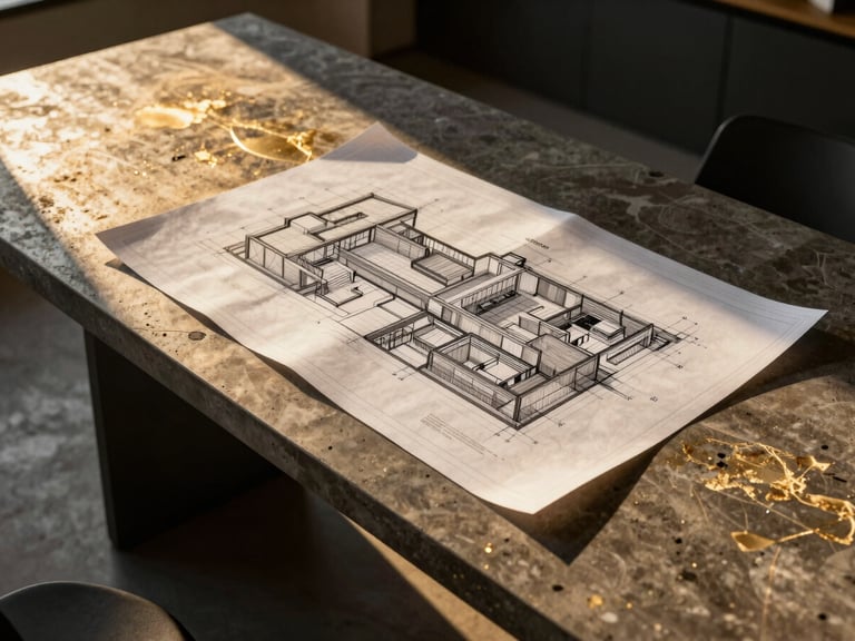 Architectural blueprint overlay on a modern concrete table, golden-hour sunlight casting long shadows, high-end design studio atmosphere