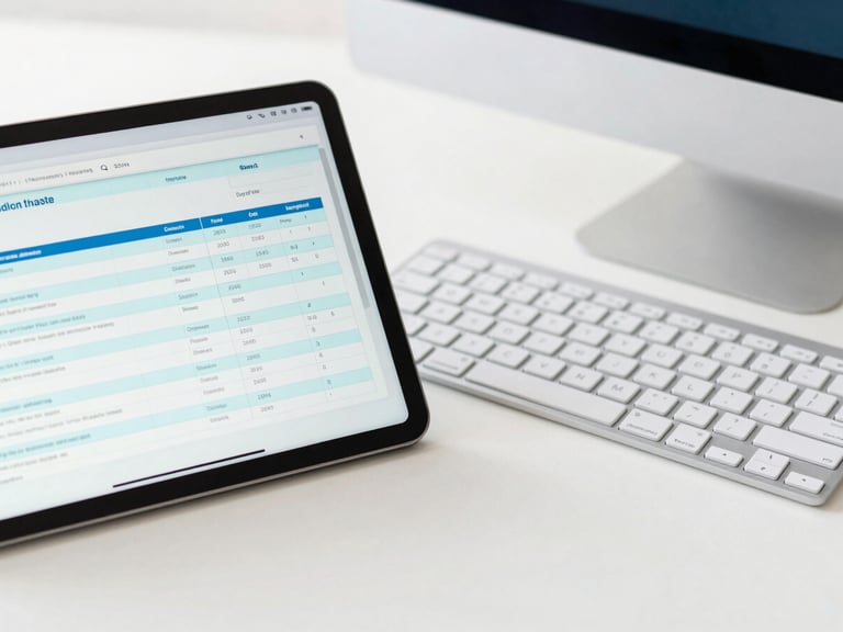 Close-up of a modern digital workspace with a tablet displaying tax forms next to a clean keyboard, bright professional photography, natural daylight, crisp details, 35mm