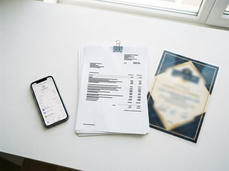 Overhead flat lay of crisp printed documents, a laminated certificate, and a modern smartphone showing a digital receipt on a clean white desk, bright natural daylight, 35mm
