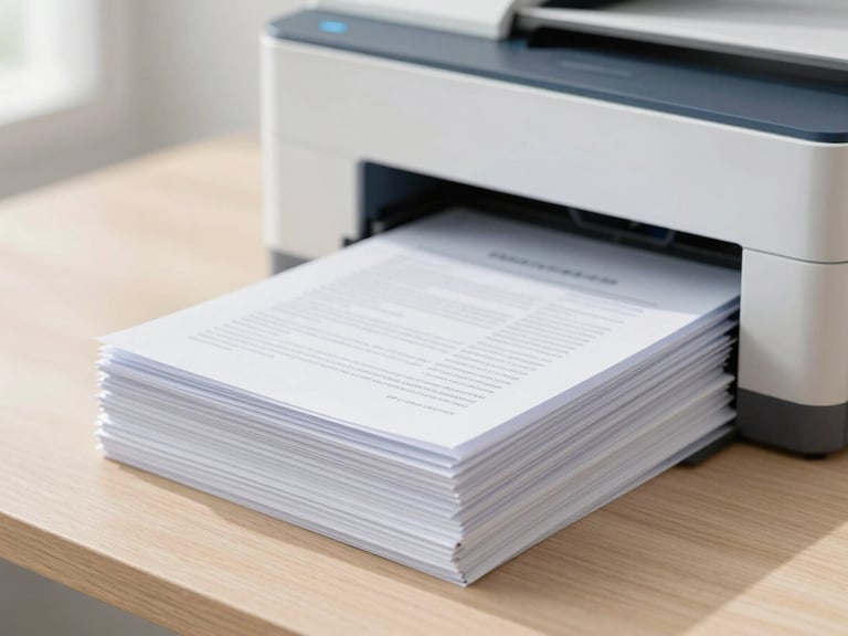Crisp printed documents neatly stacked on a clean wooden desk, high-speed modern printer in the soft-focus background, bright daylight, subtle blue accents, 35mm