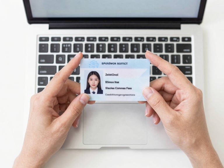 Straight-on overhead shot of hands holding a clean identity document over a modern laptop, bright professional photography, high-key office lighting, subtle blue accents, 35mm