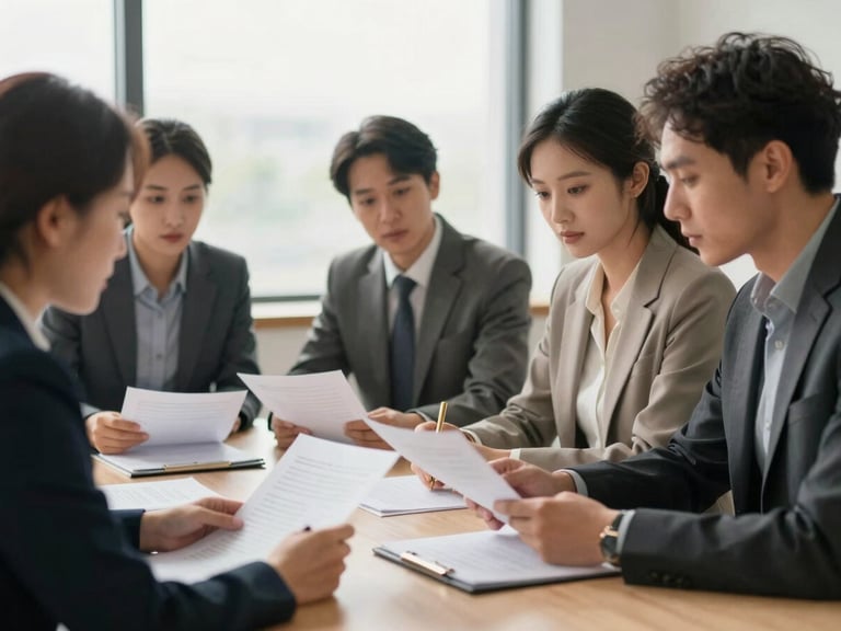 Diverse group of professionals collaborating around a table with shared documents, focus on respectful interaction and shared goals, structured corporate environment, soft natural window light, muted corporate tones with brass accents, shallow depth of field, 35mm