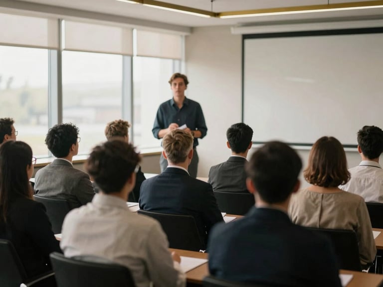 Professional giving a presentation in a modern conference room, focused audience, soft natural window light, muted corporate tones with brass accents, shallow depth of field, 35mm