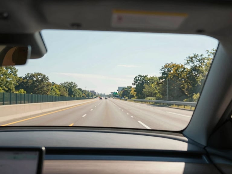 View from inside a modern car looking through a pristine, newly replaced windshield, showing a clear St. Louis commuter highway ahead, bright morning light.