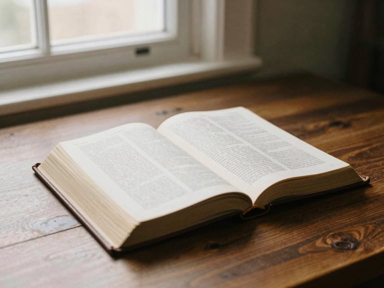 An open leather-bound Bible on a dark wooden desk, illuminated by soft window light, warm tones, 35mm