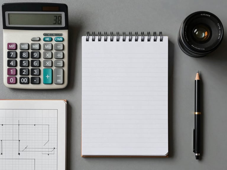 Top-down flat-lay of an organized technical workspace, a vintage Braun calculator, a clean notepad with architectural grid lines, sharp shadows, cool gray tones.