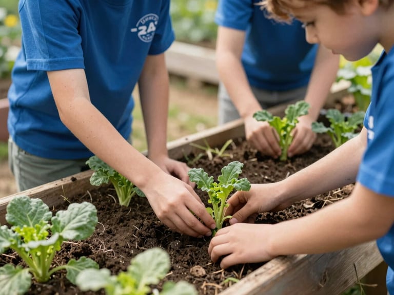 Hands of young volunteers planting organic vegetables in a community garden, warm natural afternoon light, high angle, 35mm photography