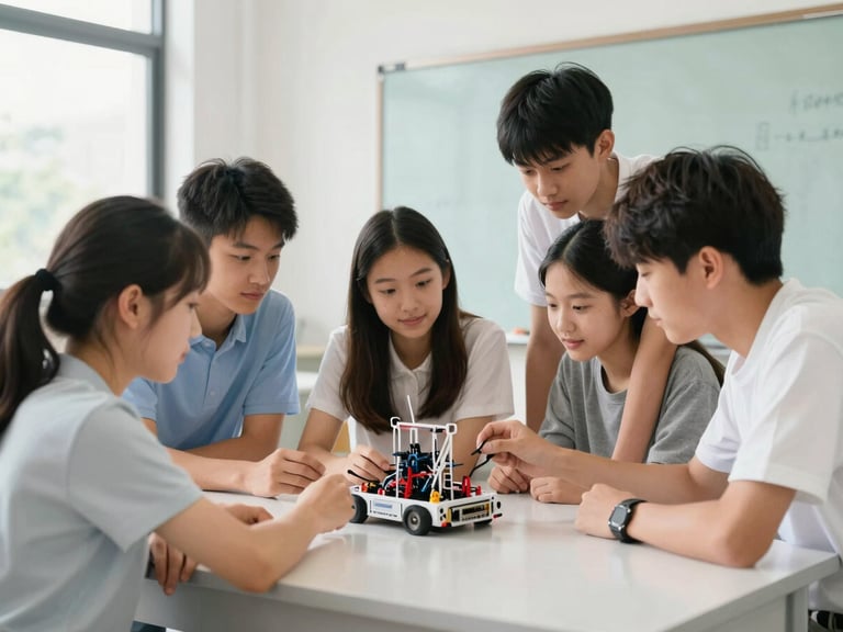 A group of middle school students collaborating on a robotics project with a smartboard in the background, bright natural daylight, 35mm editorial photography.