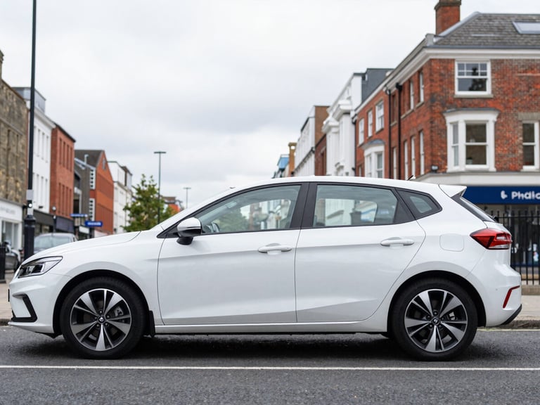 Clean exterior profile of a modern, dual-controlled automatic hatchback on a Birmingham street, bright overcast daylight, authentic UK setting