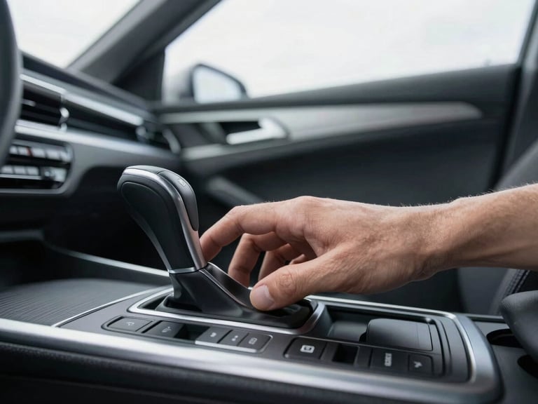 Close-up of a modern automatic gear selector, hand confidently resting on it, bright overcast daylight