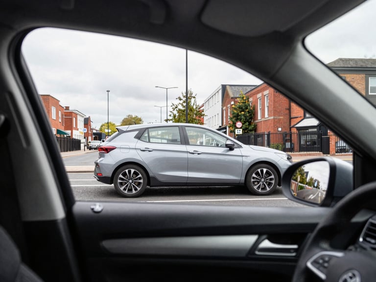 Driver's perspective from inside a modern automatic car, looking out at a clear Birmingham street scene, bright overcast daylight