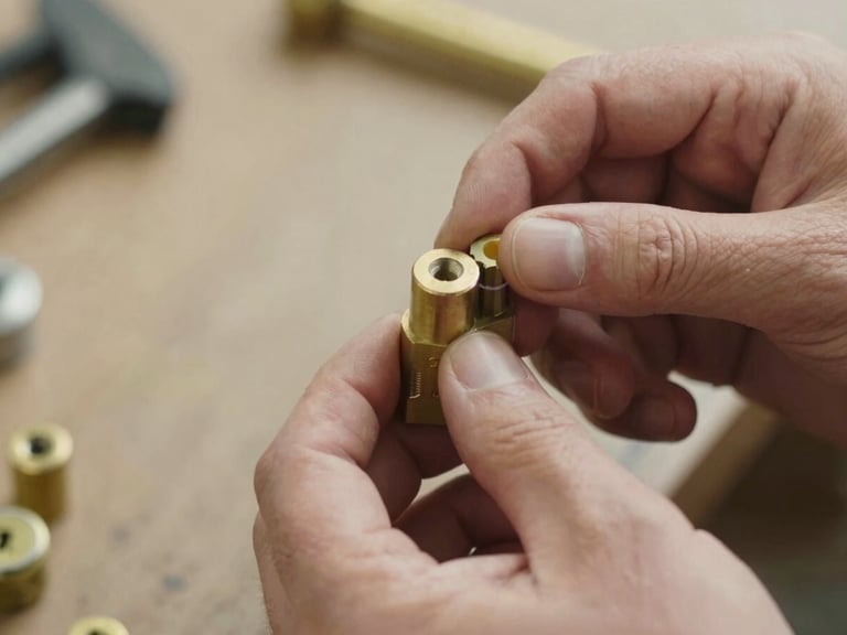 Close-up of locksmith hands precisely adjusting a brass lock cylinder with professional tools, warm natural daylight, shallow depth of field