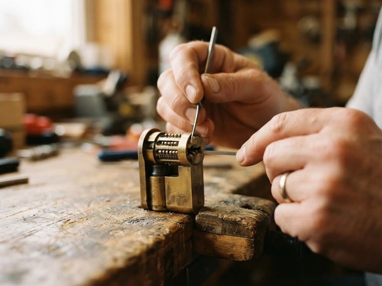 Close-up of hands precisely adjusting a brass cylinder lock with professional tools, warm natural daylight, authentic textures, shallow depth of field, 35mm
