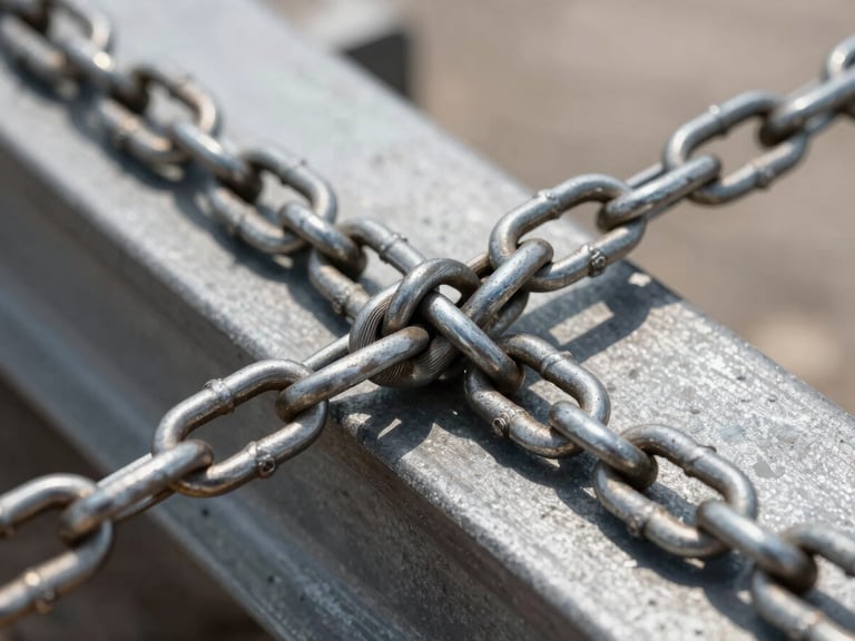Macro close-up of heavy-duty steel tie-down chains and industrial rigging tensioned over a massive steel beam, harsh midday sun