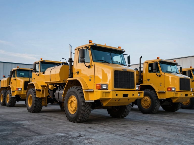 A row of heavy-duty yellow industrial trucks parked on a concrete lot under a clear blue sky.