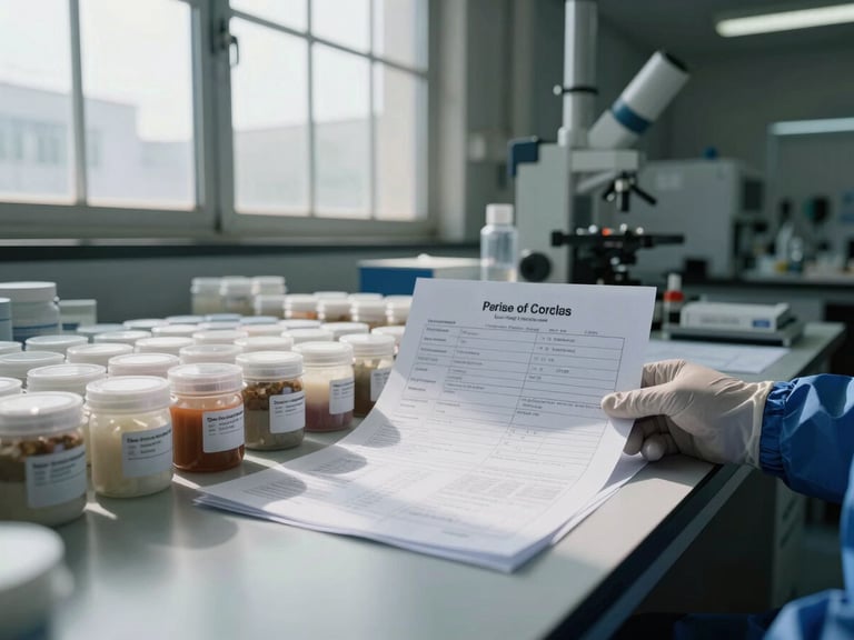Wide environmental shot of a quality-control bench, a gloved hand holding a printed batch certificate of analysis over rows of sealed compound containers, north-facing daylight through a high industrial window casting clean directional light across the documentation, no people's faces, operational lab setting