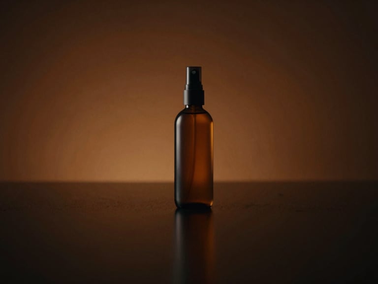 Cinematic wide shot of a modern product bottle on a dark reflective surface, dramatic key lighting, rich amber tones.