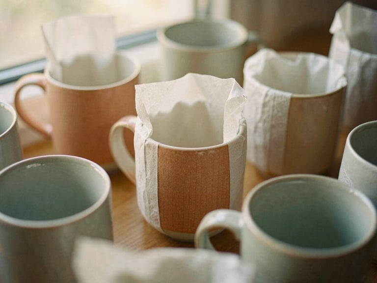 Warm editorial photography of wrapped ceramic mugs in tissue paper, soft golden-hour window light, terracotta and sage green tones, tactile textures, 35mm film