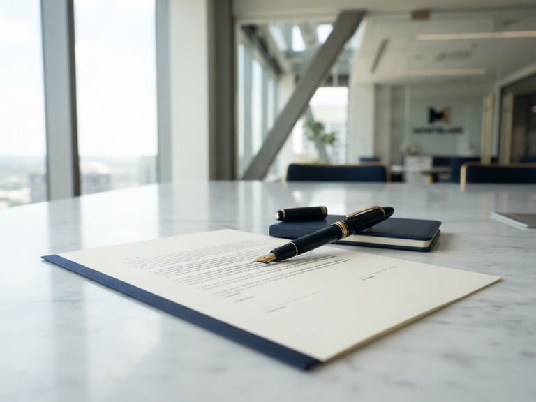 Bright natural light reflecting on a clean marble conference table, a sleek fountain pen resting on a crisp legal contract, architectural lines, deep navy accents, 50mm corporate photography