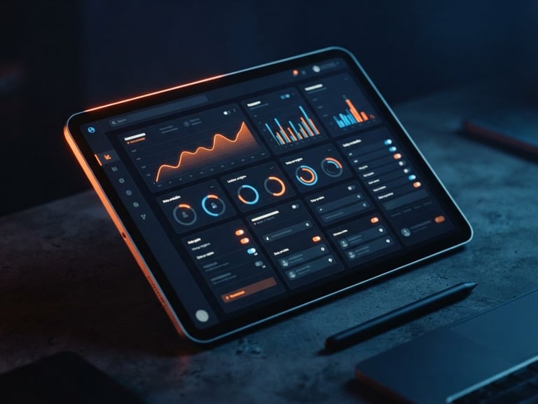 Sleek dark-mode technology mockup of a high-fidelity SaaS dashboard displayed on an isometric tablet screen, moody neon orange rim lighting, deep navy background, 35mm photography