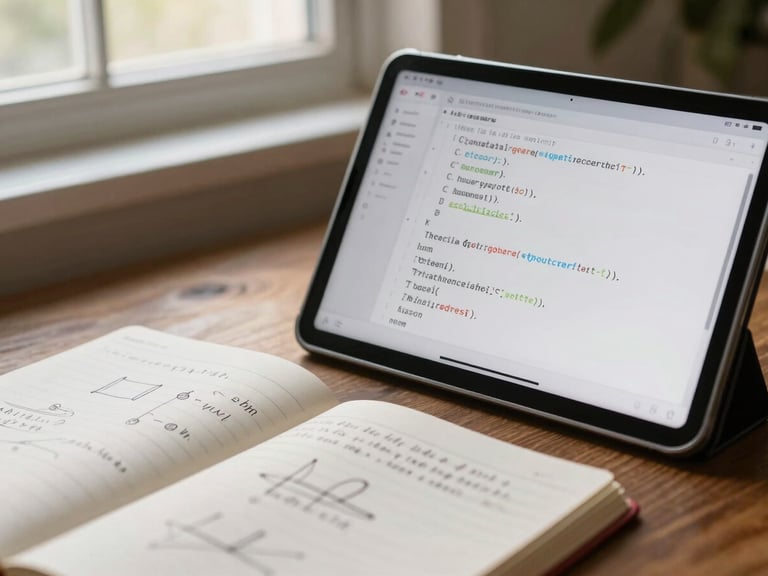 A close-up of a digital tablet displaying clean educational code next to a physical open notebook with handwritten diagrams, warm natural window light, shallow depth of field.