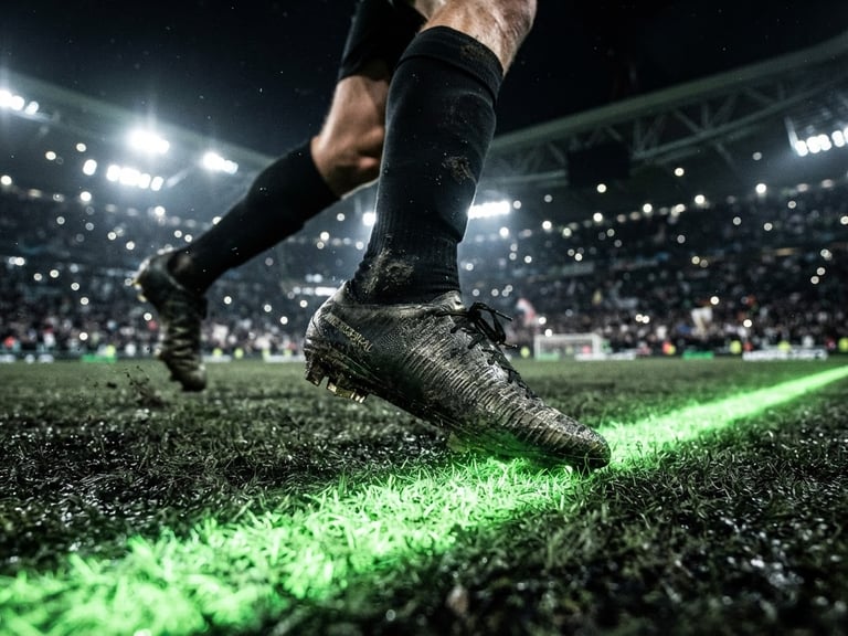 Dramatic close-up of a soccer player's boots stepping on a glowing neon green line on a dark pitch, stadium lights blurred in the background, high-contrast sports tech aesthetic