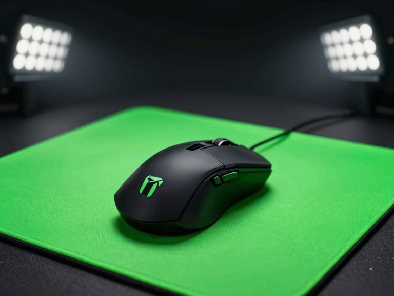 Close-up of a professional gaming mouse on a glowing neon green mousepad, dramatic dark studio lighting, high-contrast sports-tech aesthetic