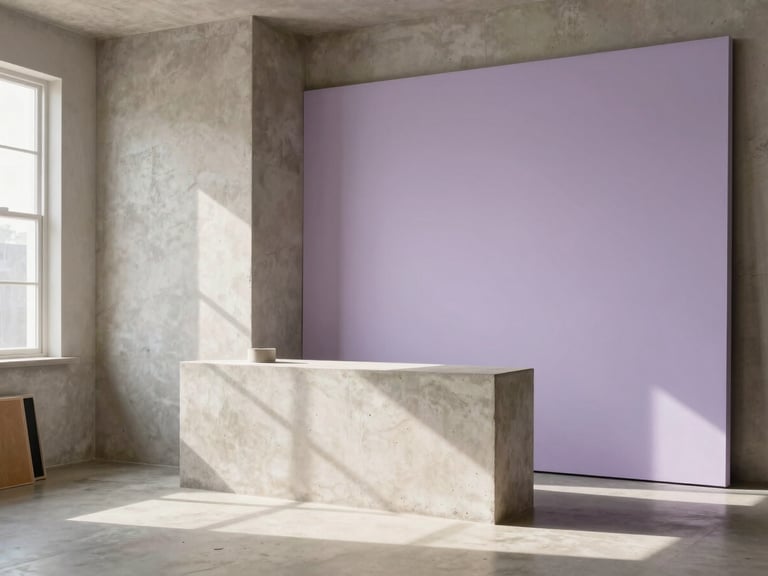 Serene architectural detail of a sunlit creative studio space in Bountiful, soft diffused daylight on warm concrete and minimalist lavender accents