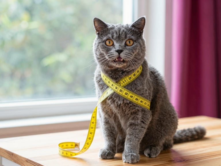 A happy domestic short-hair cat sitting calmly on a wooden table while a soft yellow measuring tape gently wraps around its chest, warm natural daylight filtering through a window, soft focus background.