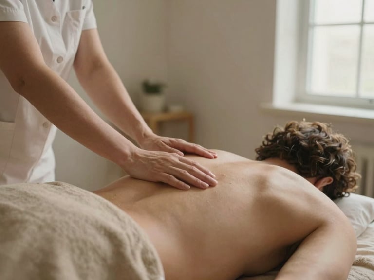 Wide-angle close-up of therapist hands gliding along a client's spine in a clean treatment room, soft warm window light from the right, neutral tan linen on the table