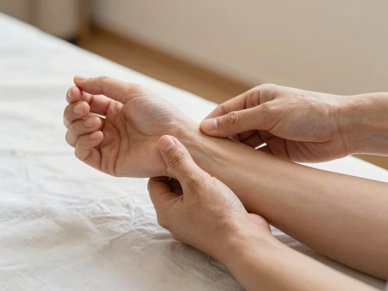 Close-up of therapist hands lifting and rotating a client's forearm in a neutral treatment room, warm diffused light, clean white linen, focus on the wrist and grip point