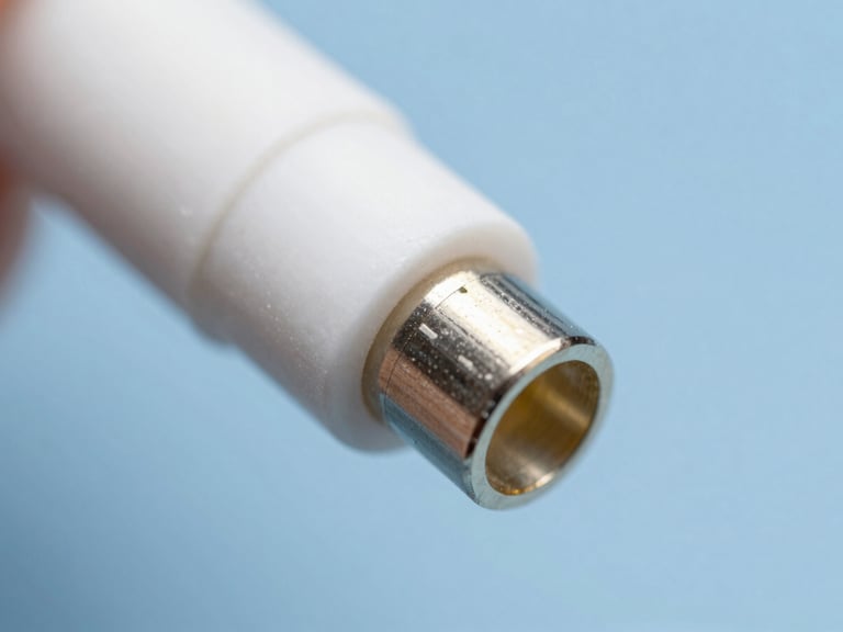 Macro detail of a single terminated fiber optic connector showing the pristine ceramic ferrule and glass core under bright white inspection light