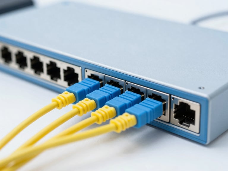 A sleek enterprise-grade network switch with blue SFP+ transceiver modules and yellow fiber patch cables plugged in, sharp focus, cool daylight