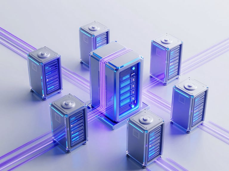 3d render of abstract secure server architecture with glowing purple light paths, clean glassmorphism, octane render, 8k