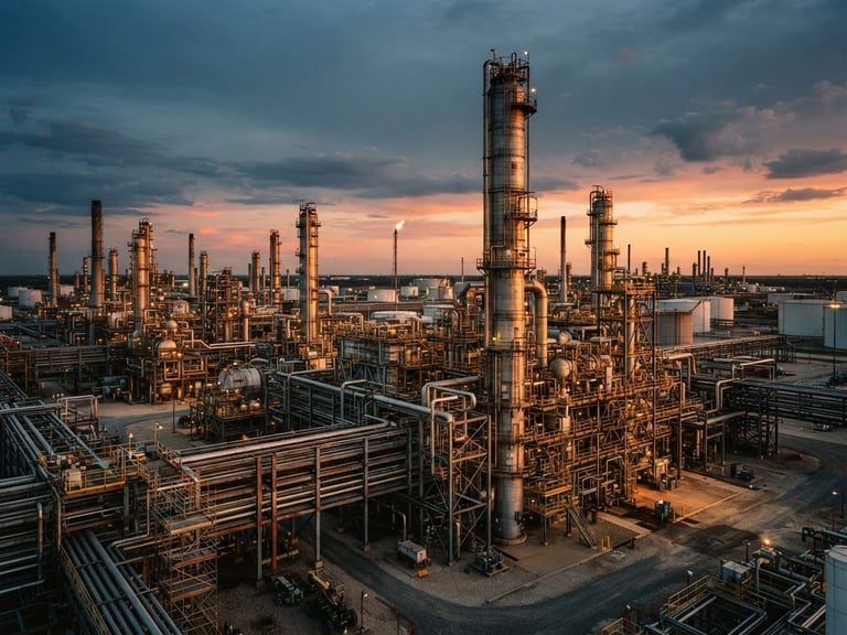 Wide-angle industrial editorial photography of a modern Texas oil refinery at sunset, warm amber light hitting complex steel piping and distillation towers, 35mm lens.
