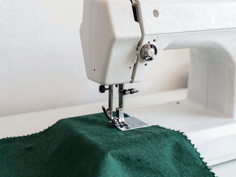 A vintage-style professional sewing machine in soft focus, a single needle threading dark green fabric, clean workshop environment, high contrast, 35mm
