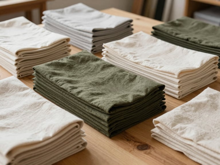Neat stacks of cut linen fabric in muted olive and cream tones, organized on a clean wooden workshop table, soft natural daylight, minimalist composition, 35mm