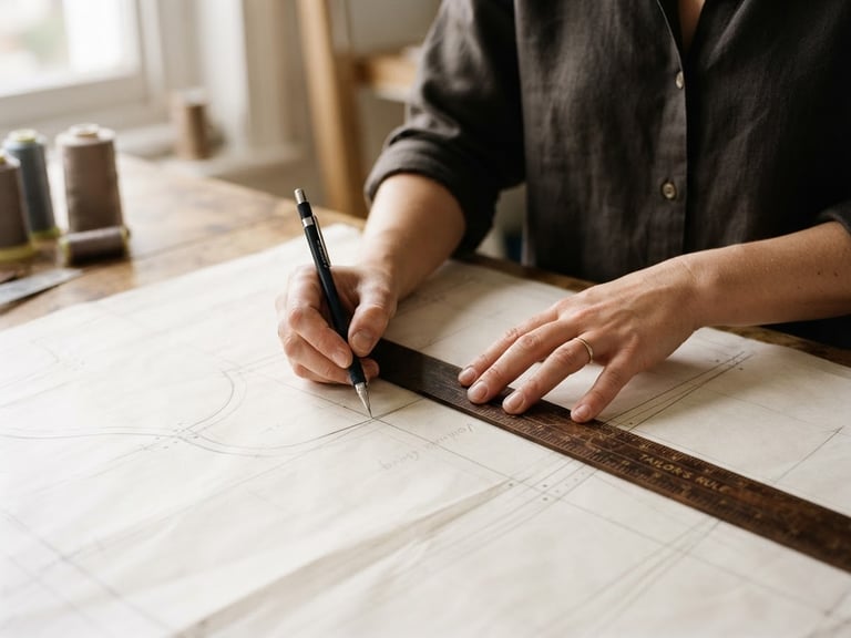 Close-up of hands drafting a garment pattern on crisp parchment paper with a wooden ruler, soft natural daylight, high-contrast rich tones, 35mm