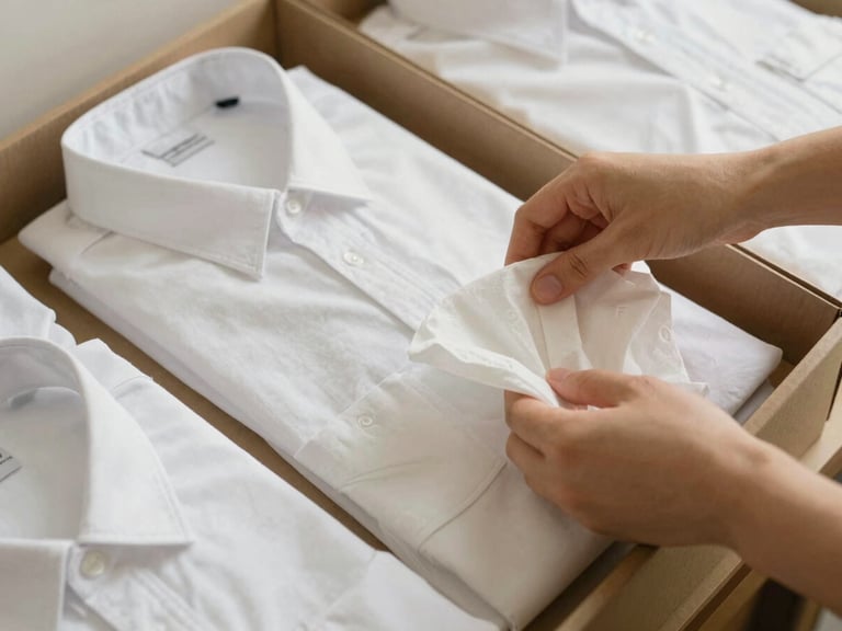 Meticulously folded cotton shirts placed inside a clean minimalist cardboard box, hands gently placing a tissue paper wrap, soft warm lighting, 35mm