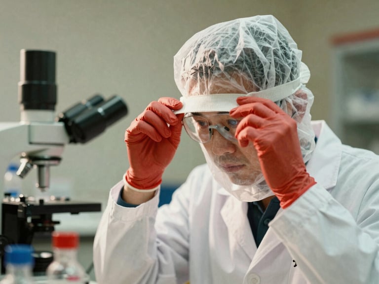 Warm editorial photography of a researcher in a clean coat adjusting a sterile hood, soft Scandinavian daylight, deep crimson accents, shallow depth of field, 35mm