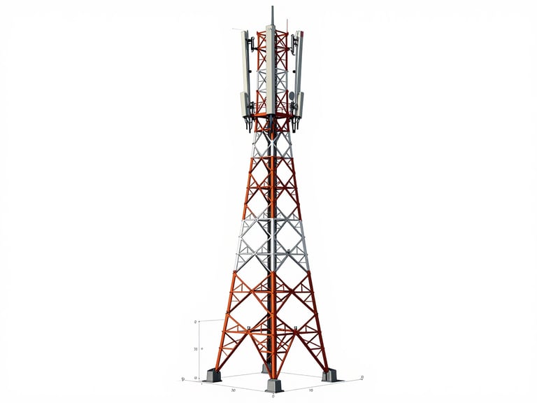 Orthographic technical drawing of a telecommunication tower overlaid with a 3D point cloud mesh, showing structural joints and coordinate labels, clean vector lines, high contrast.