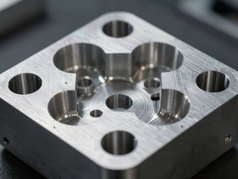 Close-up of a precision-machined aluminum mold core showing intricate ribbing and zero-draft features under high-contrast industrial studio lighting.